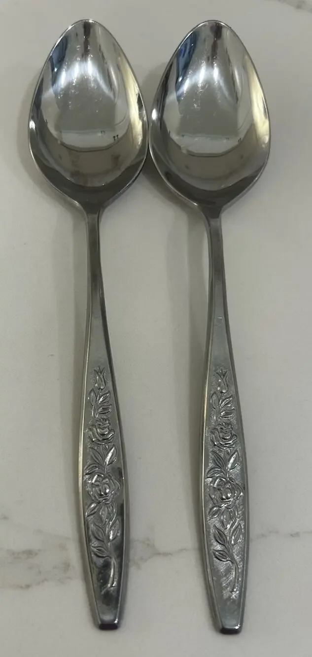 Eldan ELD18 Set Of 2 Solid Serving Spoons MAY ROSE Textured Roses Stainless MCM